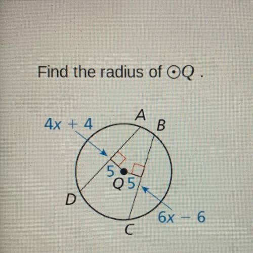 Help Pls. Find the radius of Circle Q.