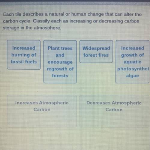 Each tile describes a natural or human change that can alter the

carbon cycle. Classify each as i