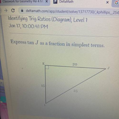 Express tan J as a fraction in simplest form