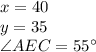 x = 40 \\y = 35 \\\angle AEC =  55^\circ