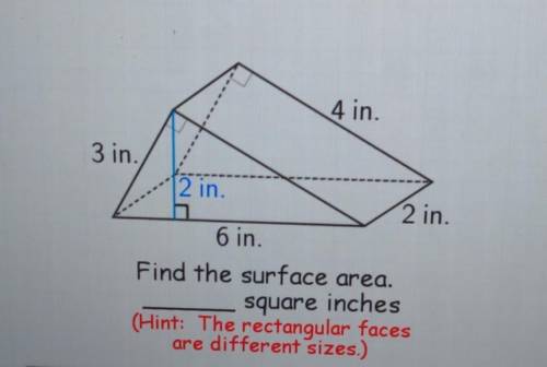 4 in. 3 in. 2 in. 2 in. 6 in. Find the surface area. square inches (Hint: The rectangular faces are