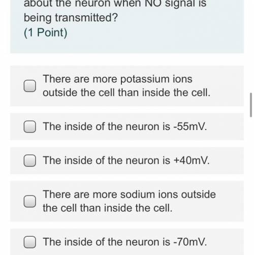 The question is what 2 things are correct about the neuron when no signal is being transmitted