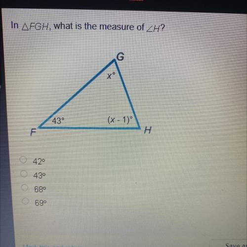 In angle FGH what is the measure of angle H?