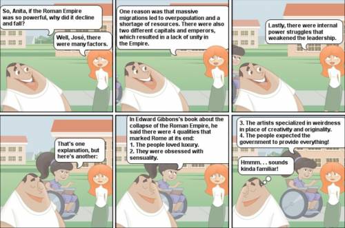 Review the comic below about the decline and fall of the Roman Empire.

What similarities do you s