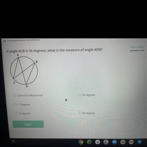 PLSSS ANSWER FASTTT 
If angle ACB is 34 degrees, what is the measure of angle ADB?
A