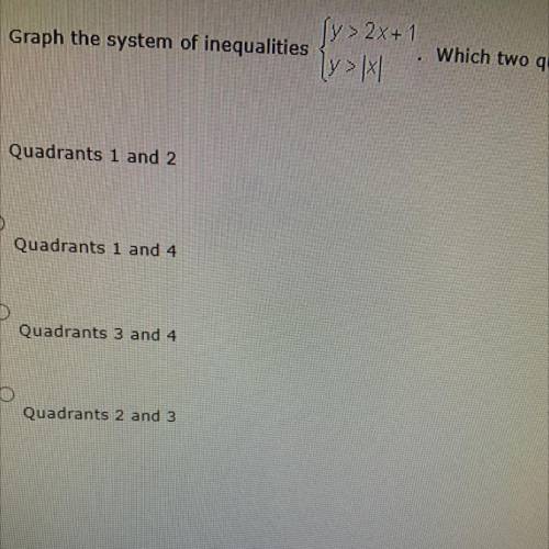 Please helpppp

Graph the system of inequalities {y>2x+1/ y>|x|. Which two quadrants does th