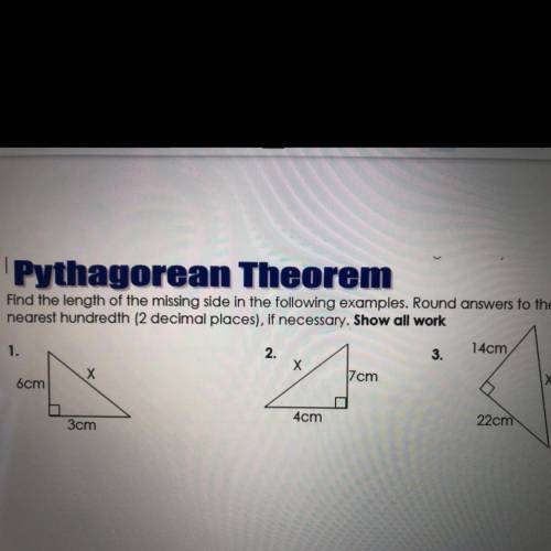 Pythagorean Theorem

Find the length of the missing side in the following examples. Round answers