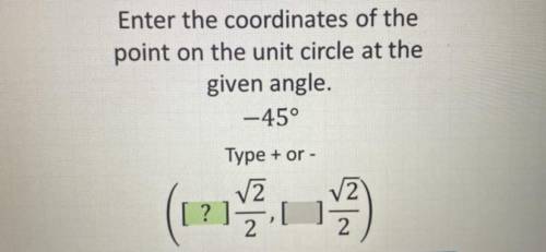 PLS HELP ASAP

Enter the coordinates of the
point on the unit circle at the
given angle.
-45°
