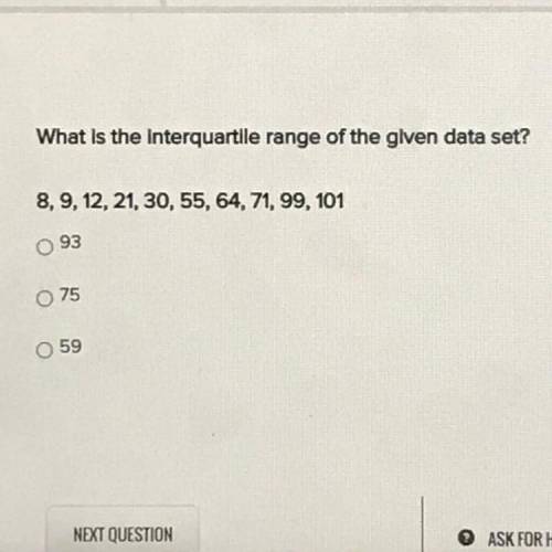 What is the interquartile range of the given data set?

8, 9, 12, 21, 30, 55, 64, 71, 99, 101
93
O