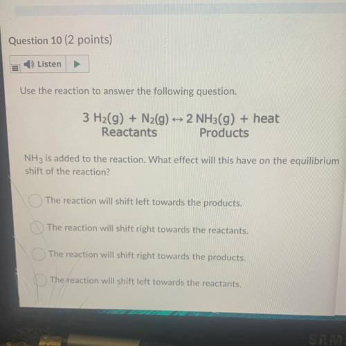 Use the reaction to answer the following question.

3 H2(g) + N2(g) + 2 NH3(g) + heat
Reactants Pr