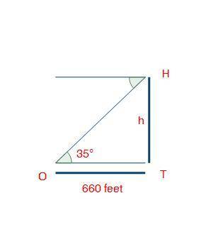An observer (O) is located 660 feet from a tree (T). The observer notices a hawk (H) flying at a 35