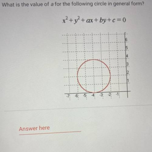 What is the value of a for the following circle in general form?
x2 + y2 + ax+by+c=0