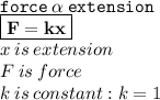 { \tt{force \:  \alpha  \: extension }} \\ { \boxed{ \bf{F = kx}}} \\ x \: is \: extension \\ F \: is \: force \\ k \: is \: constant : k = 1