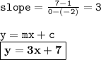 { \tt{slope =  \frac{7 - 1}{0 - ( - 2)} = 3 }} \\  \\ { \tt{y = mx + c}} \\ { \boxed{ \bf{y = 3x + 7}}}