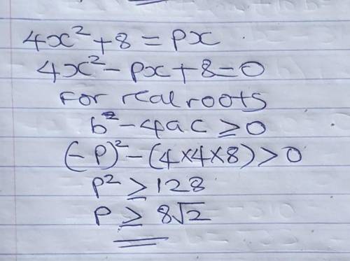 Find the largest negative integer of p for the equation 4x^2 + 8 = px to have real roots?