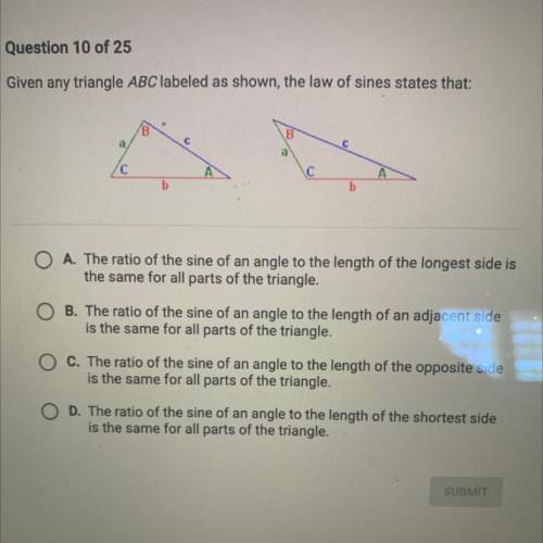 Given any triangle ABC labeled as shown the law of sines states that: