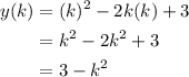 \displaystyle \begin{aligned} y(k)&=(k)^2-2k(k)+3\\&=k^2-2k^2+3\\&=3-k^2\end{aligned}
