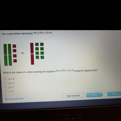4x + (-4) = -2x + 8
What is the value of x when solving the equation using algebra tiles
