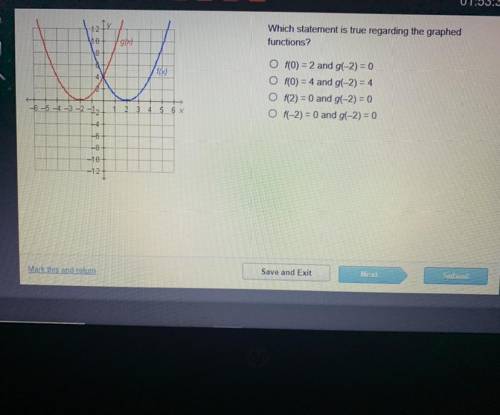 12 Jy

10
Which statement is true regarding the graphed
functions?
g
18
f(
4
Of(0) = 2 and g(-2) =