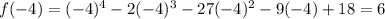 f(-4)=(-4)^4-2(-4)^3-27(-4)^2-9(-4)+18=6