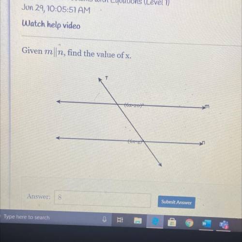 Given m||n find the value of x (6x-20). (6x-4)