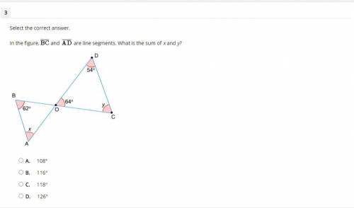 In the figure, BC and AD are line segments. What is the sum of x and y?