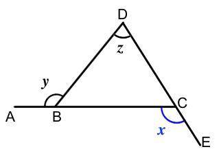 A, B & C lie on a straight line. D, C & E lie on a different straight line. Angle y = 104°