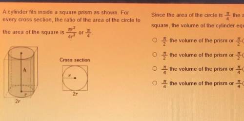Cross section, the ratio of the area of the circle to 4 square, the volume of the cylinder equ ea o