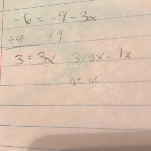 Solve the equation -6 = -9 – 3x for x.