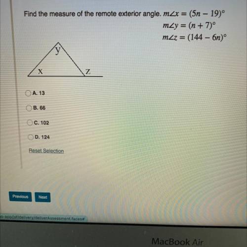 Find the measure of the remote exterior angle. (Angles above)