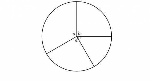 Central angles a,b, and c separate the circle into regions which are 1/3, 1/4, and 1/6 of the area
