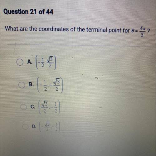 What are the coordinates of the terminal point for 8 = 4pie/3?