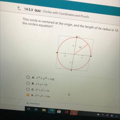This circle is centered at the origin, and the length of its radius is 10. What is

the circle's e