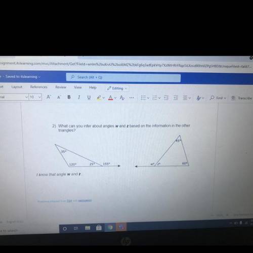 What can you infer about angles w and z based on the information in the other triangles?