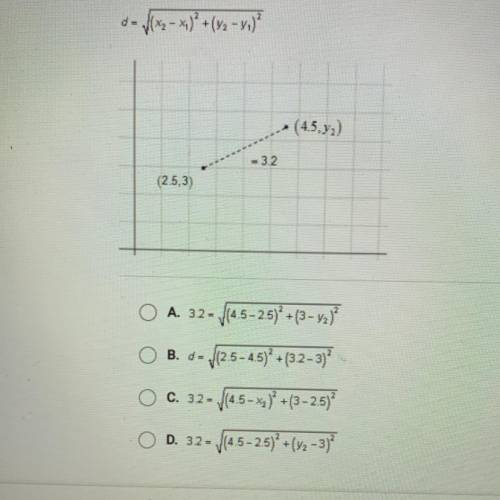 For the diagram below, which equation is the correct use of the distance formula?