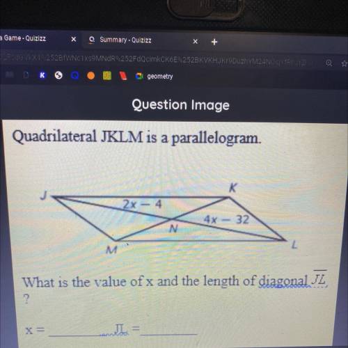 Quadrilateral JKLM is a parallelogram. What is the value of x and the length of diagonal JL?