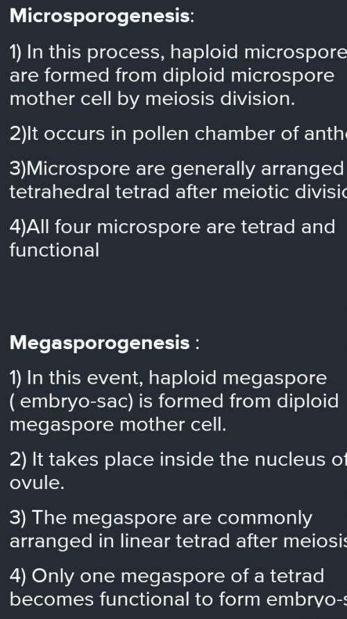 1. difference of microspore mother cell, microspore,pollen

2. difference of megaspore mother cell,