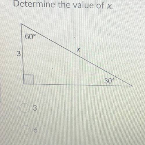 Question 2 (5 points) ✓ Saved
Determine the value of x.
3
6
3V3
3V2