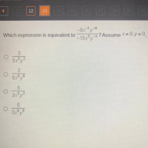 Which expression is equivalent to -9x-1y-9/-15x5y-3?