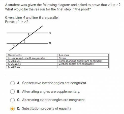 a student was given the following diagram and asked to prove that angle 1 ≈ angle 2. what would be