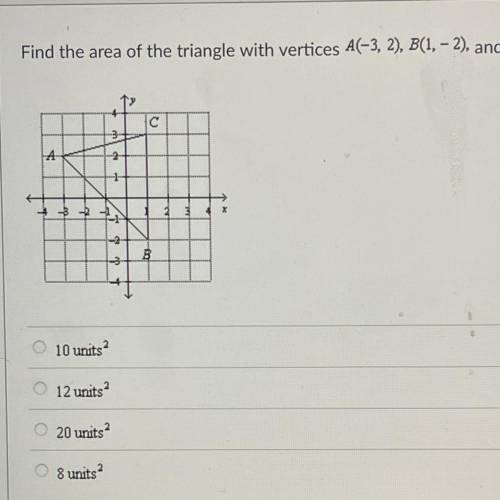 Find the area of the triangle with vertices A(-3,2), B(1,-2), and c(1,3)