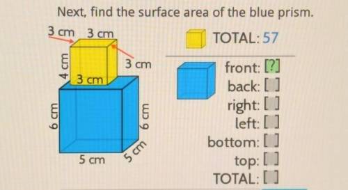 Next, find the surface area of the blue prism. front: [?]

back: [ ]right: [ ]left:[ ]bottom:[ ]to