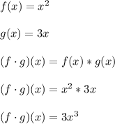 f(x) = x^2\\\\g(x) = 3x\\\\(f \cdot g)(x) = f(x)*g(x)\\\\(f \cdot g)(x) = x^2*3x\\\\(f \cdot g)(x) = 3x^3\\\\