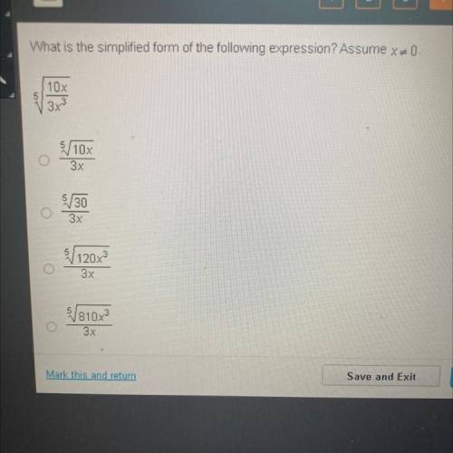 What is the simplified form of the following expression? Assume X=0
5v10x/3x^3