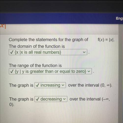 Complete the statements for the graph of f(x)=|x|.

The domain of the function is
______________
T