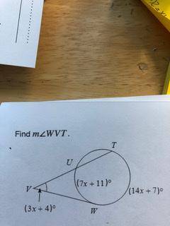 Using a secant and a tangent, find angle WVT.