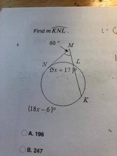 Using a secant and a tangent. Find arc KNL.