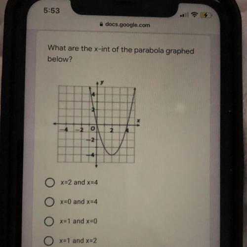 What are the x-int of the parabola graphed

below?
2
N
O x=2 and x=4
Ox=0 and x=4
O
x=1 and x=0
О