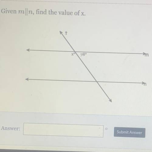 Given m||n, find the value of x.
78°