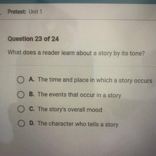 What does a reader learn about a story by its tone?

A. The time and place in which a story occurs